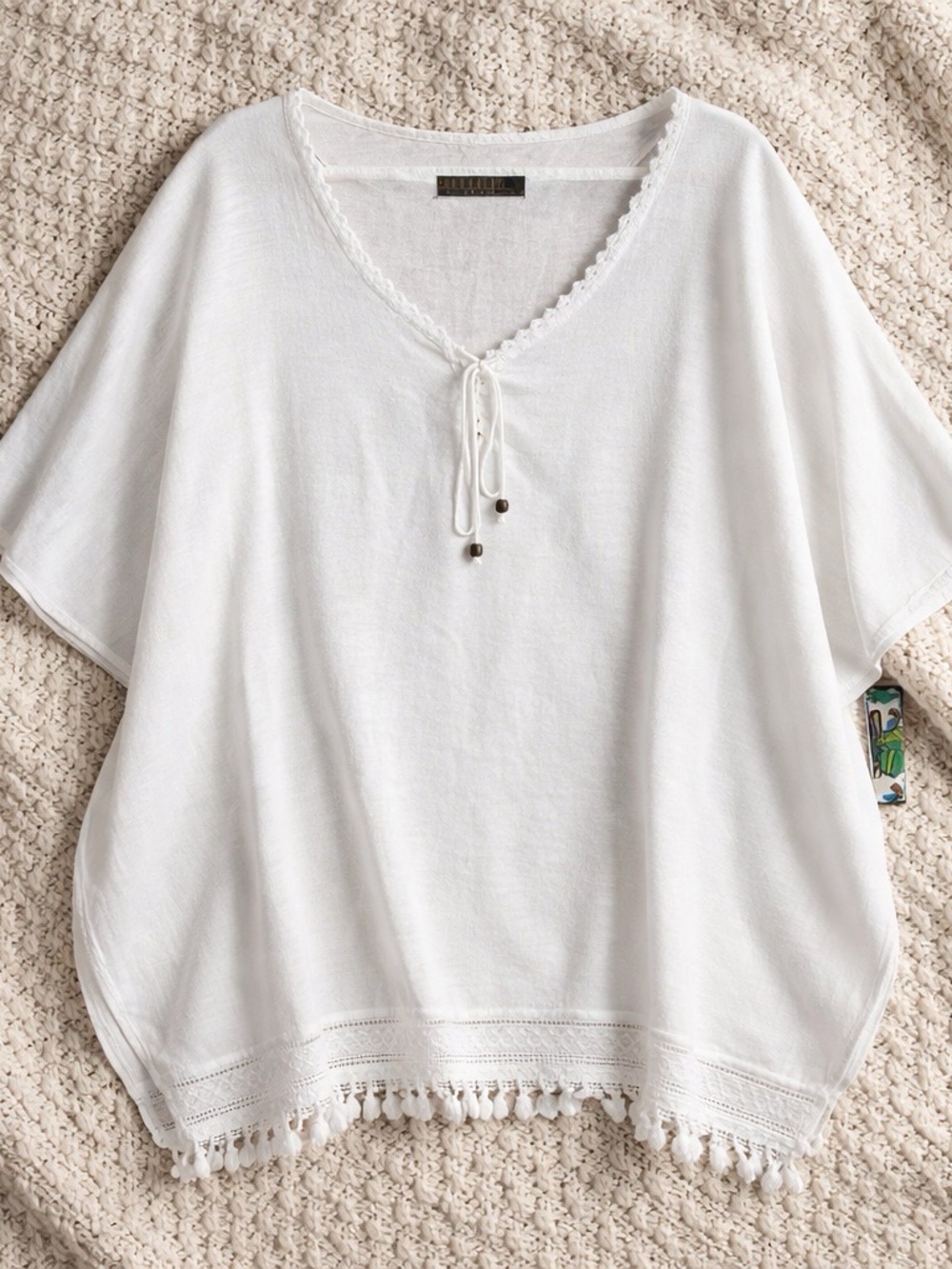 Breathable White V-Neck Crochet-Trim Tunic